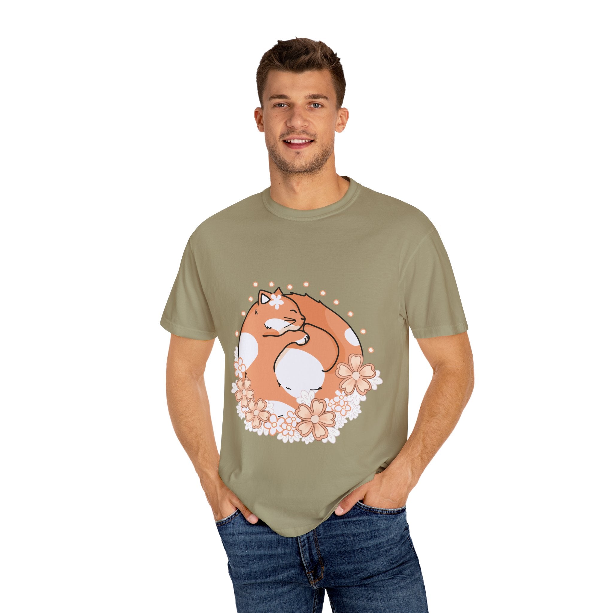 Cozy Cat Floral T-Shirt, Relaxed Vibes Shirt for Cat Lovers, Ideal Gift for Birthdays, Casual Wear, Everyday Comfort