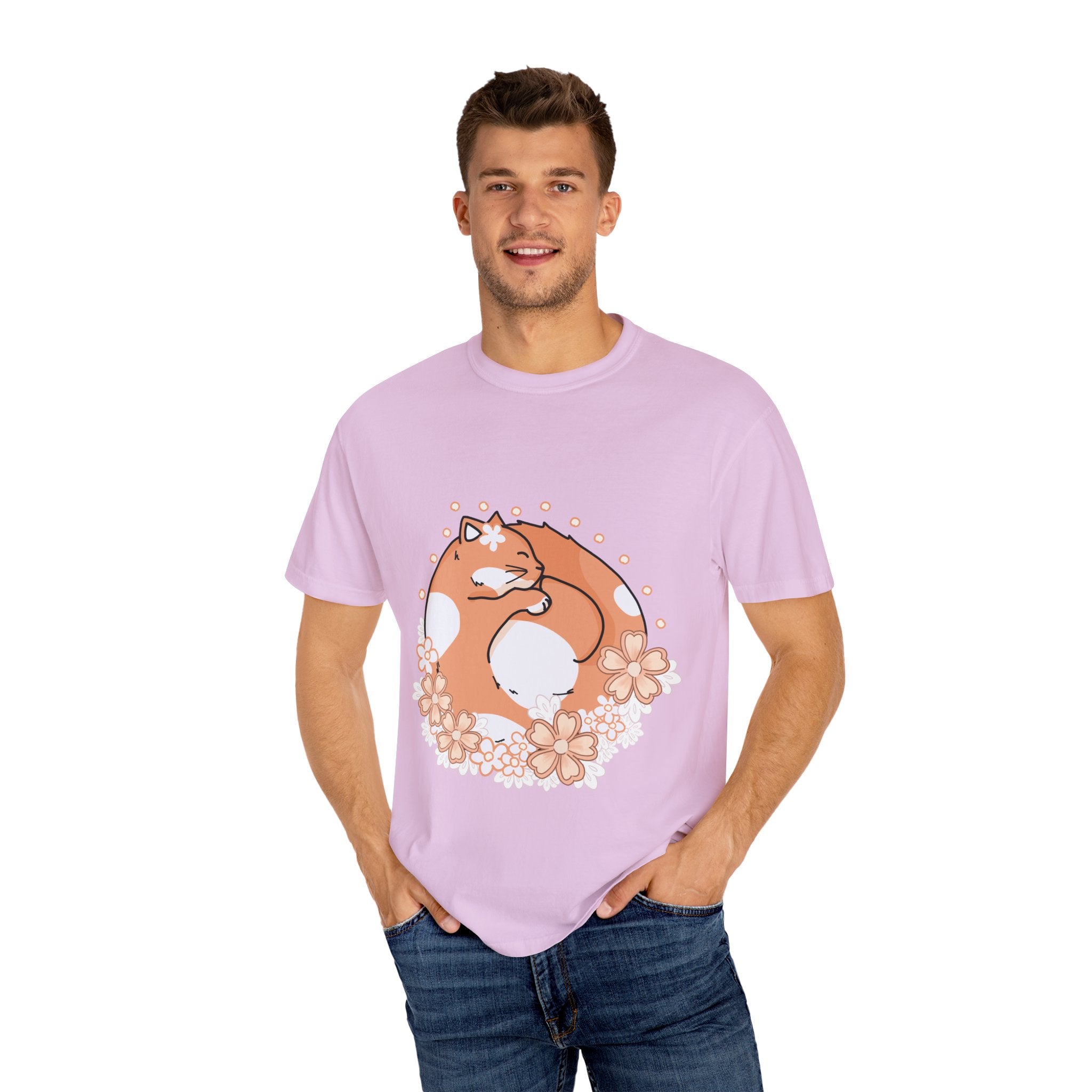 Cozy Cat Floral T-Shirt, Relaxed Vibes Shirt for Cat Lovers, Ideal Gift for Birthdays, Casual Wear, Everyday Comfort
