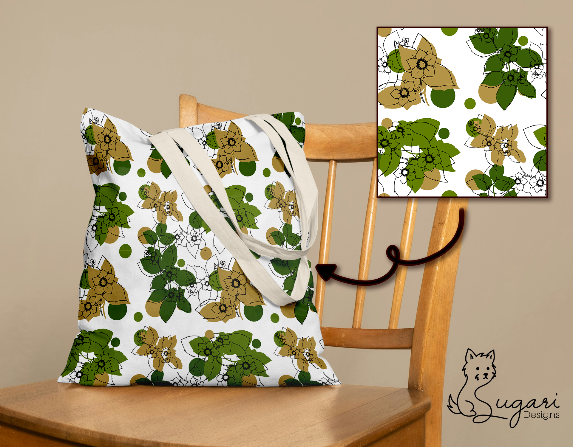 Modern Botanical Line Art Seamless Patterns | Minimalist Green & Gold Floral Digital Set | 300 DPI 12" x 12" | DIGITAL ONLY