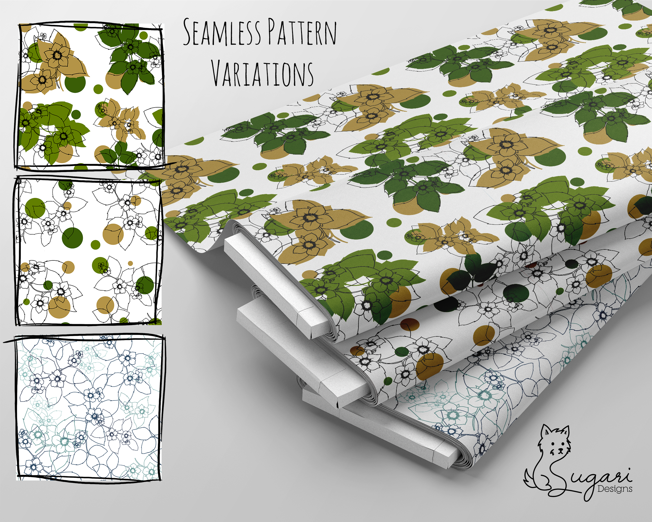 Modern Botanical Line Art Seamless Patterns | Minimalist Green & Gold Floral Digital Set | 300 DPI 12" x 12" | DIGITAL ONLY