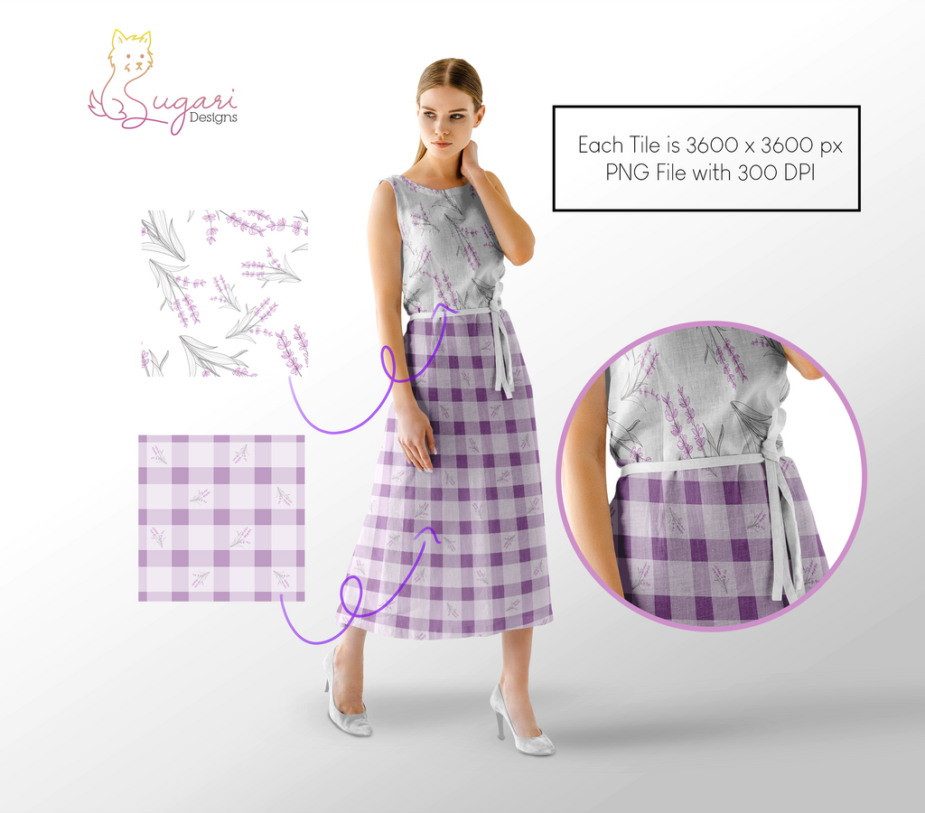 Lavender Floral Seamless Pattern Set | Purple Botanical Gingham | 300 DPI 12" x 12" | DIGITAL ONLY