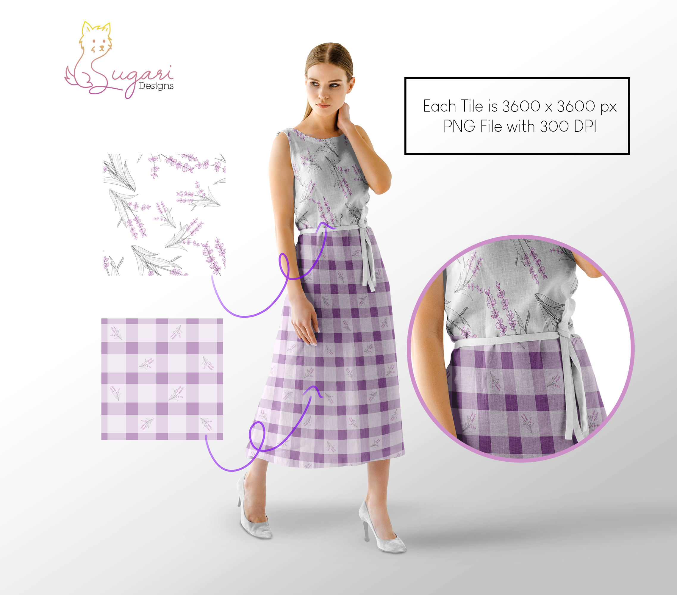 Lavender Floral Seamless Pattern Set | Purple Botanical Gingham | 300 DPI 12" x 12" | DIGITAL ONLY