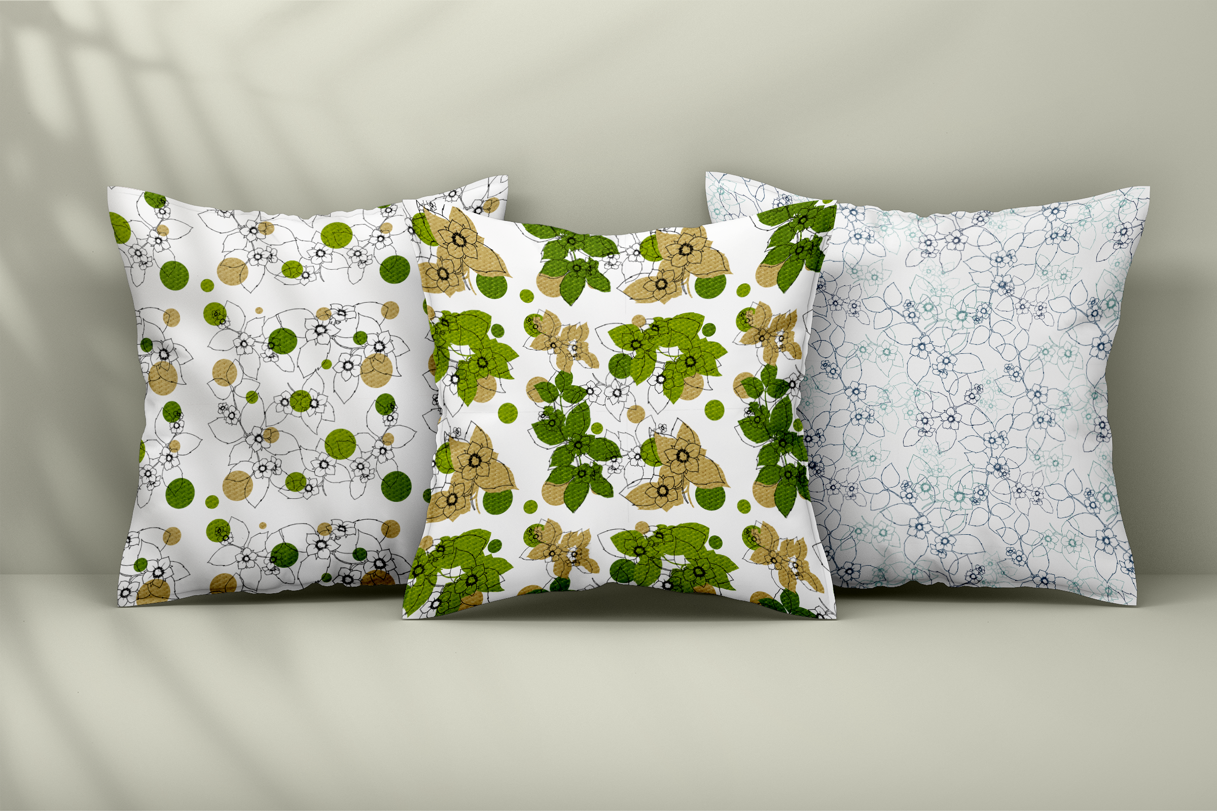 Modern Botanical Line Art Seamless Patterns | Minimalist Green & Gold Floral Digital Set | 300 DPI 12" x 12" | DIGITAL ONLY