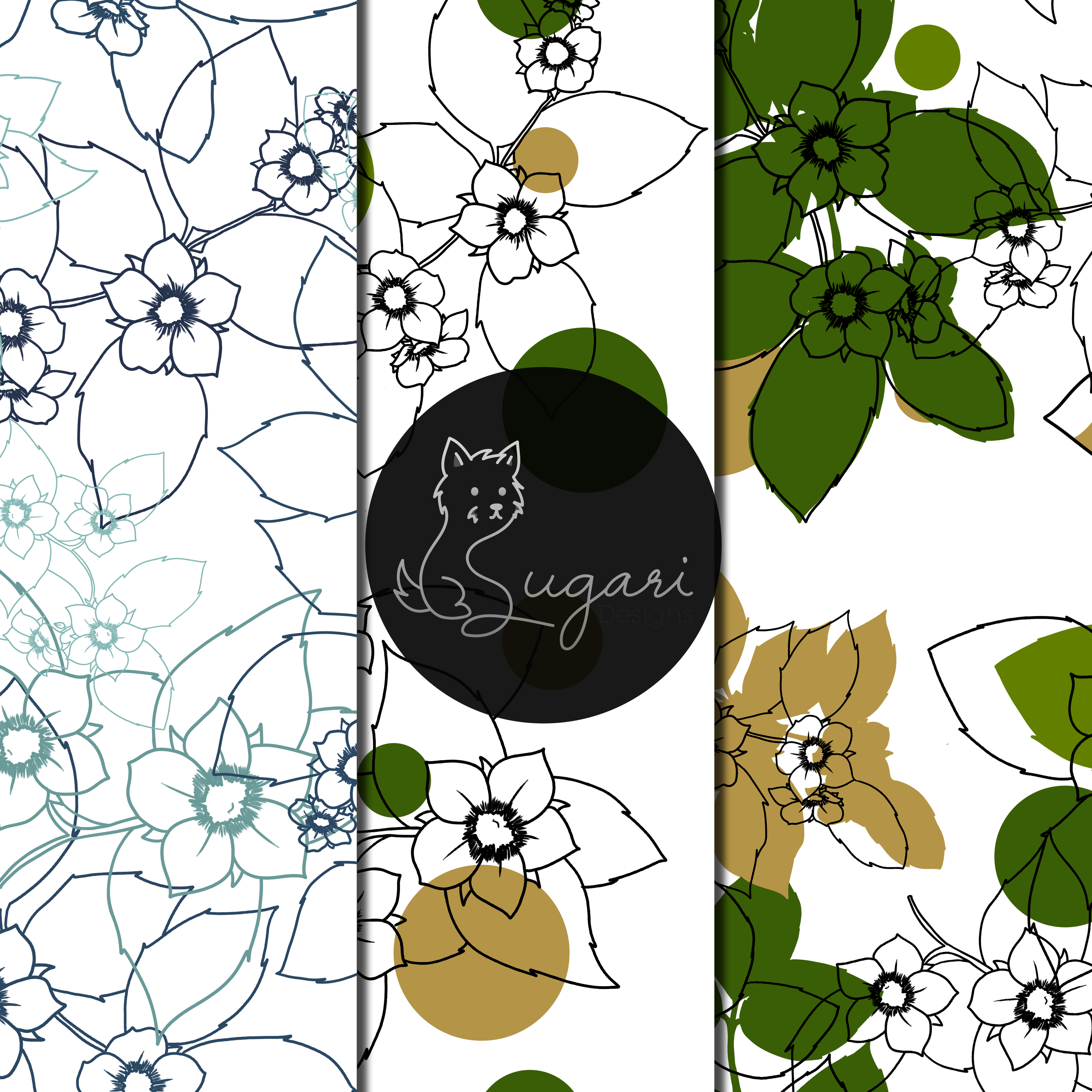 Modern Botanical Line Art Seamless Patterns | Minimalist Green & Gold Floral Digital Set | 300 DPI 12" x 12" | DIGITAL ONLY