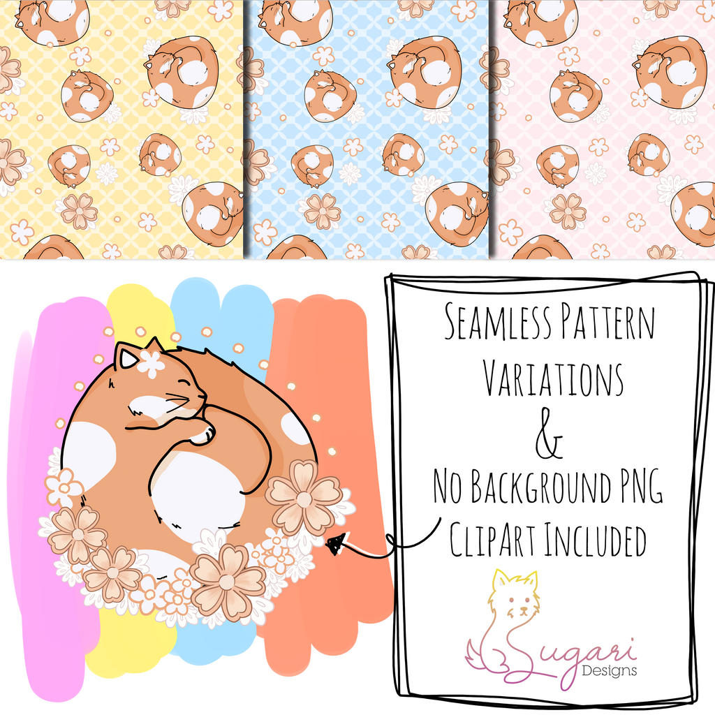 Cats and Naps Seamless Pattern | Kawaii Cat Floral Pattern | Sleeping Cat | Pastel Animal Printable | 300 DPI 12" x 12" | DIGITAL ONLY