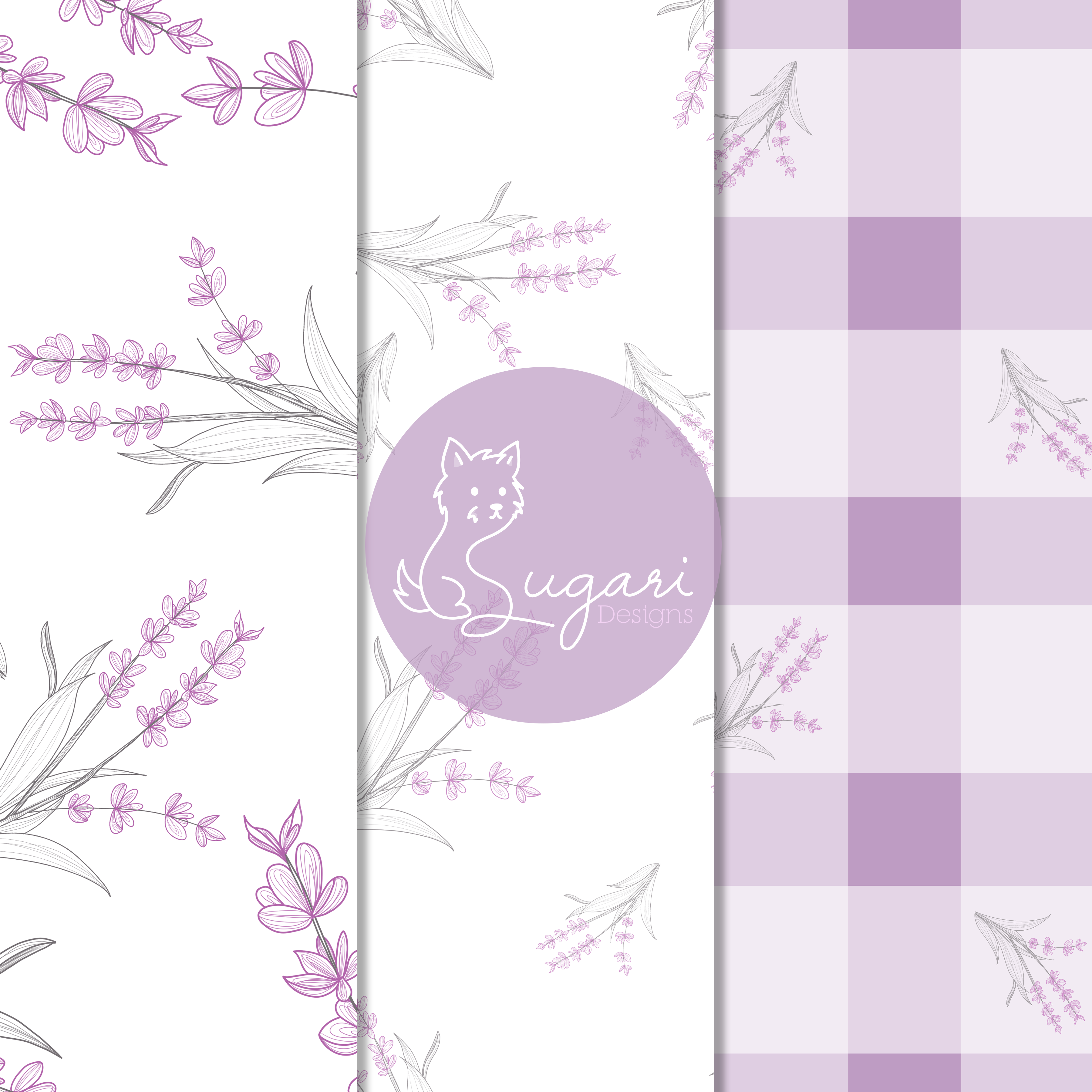 Lavender Floral Seamless Pattern Set | Purple Botanical Gingham | 300 DPI 12" x 12" | DIGITAL ONLY