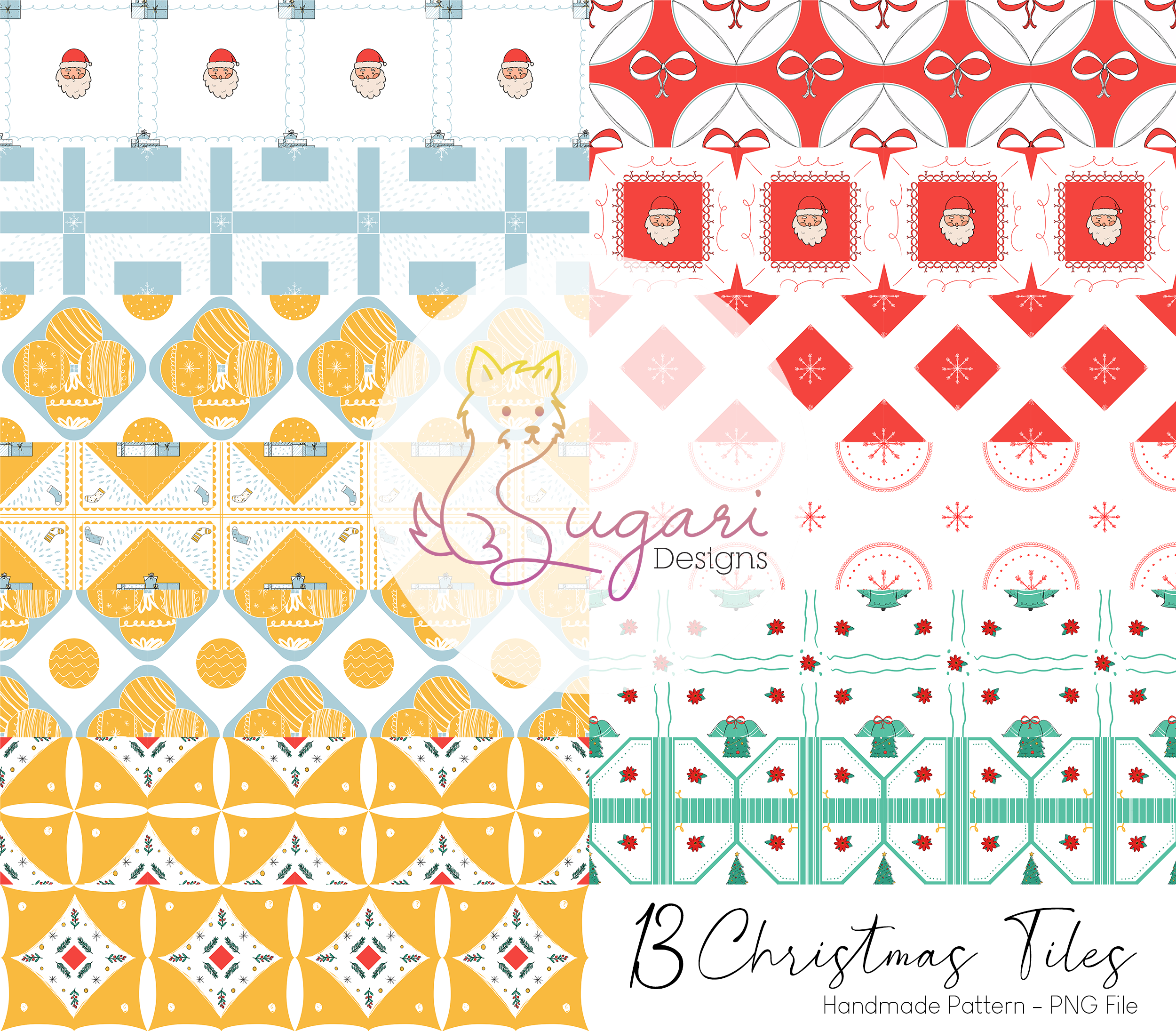 13 Hand-Drawn Square Christmas Tile Block Prints - 300 DPI PNG Flattened Files ugly Xmas sweater