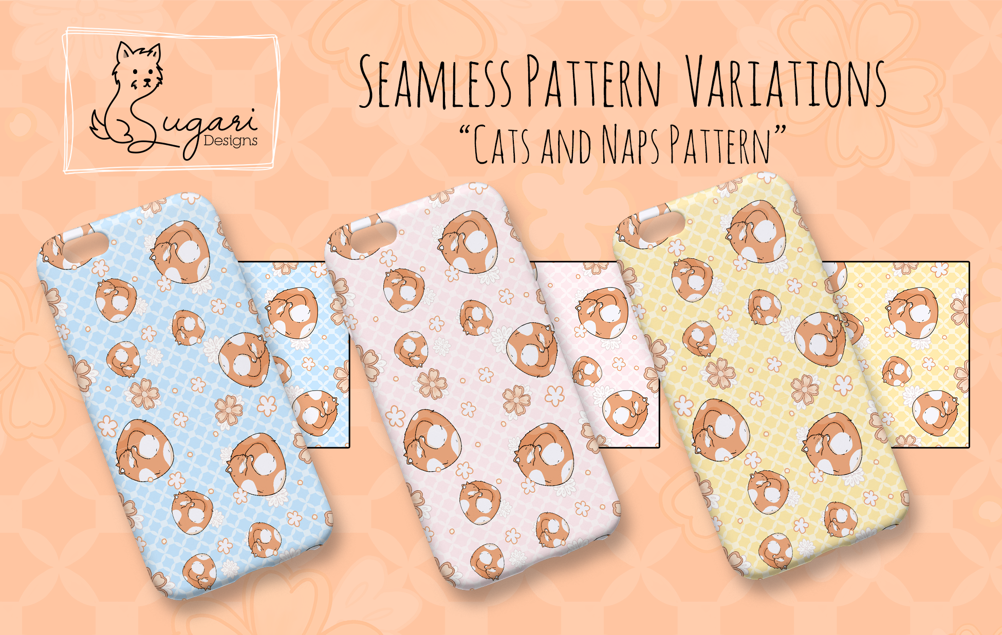 Cats and Naps Seamless Pattern | Kawaii Cat Floral Pattern | Sleeping Cat | Pastel Animal Printable | 300 DPI 12" x 12" | DIGITAL ONLY